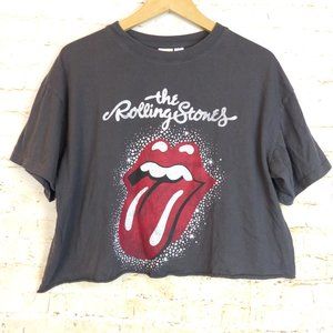 H&M Rolling Stones Graphic Cut Off Crop Shirt Women L Gray Tongue Lips Oversized